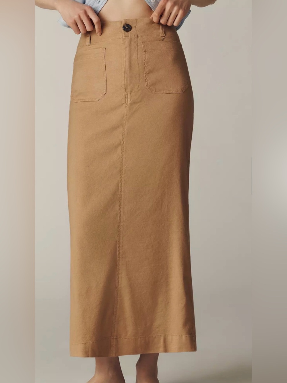 Maeve Camel Maxi Skirt with Front Patch Pockets